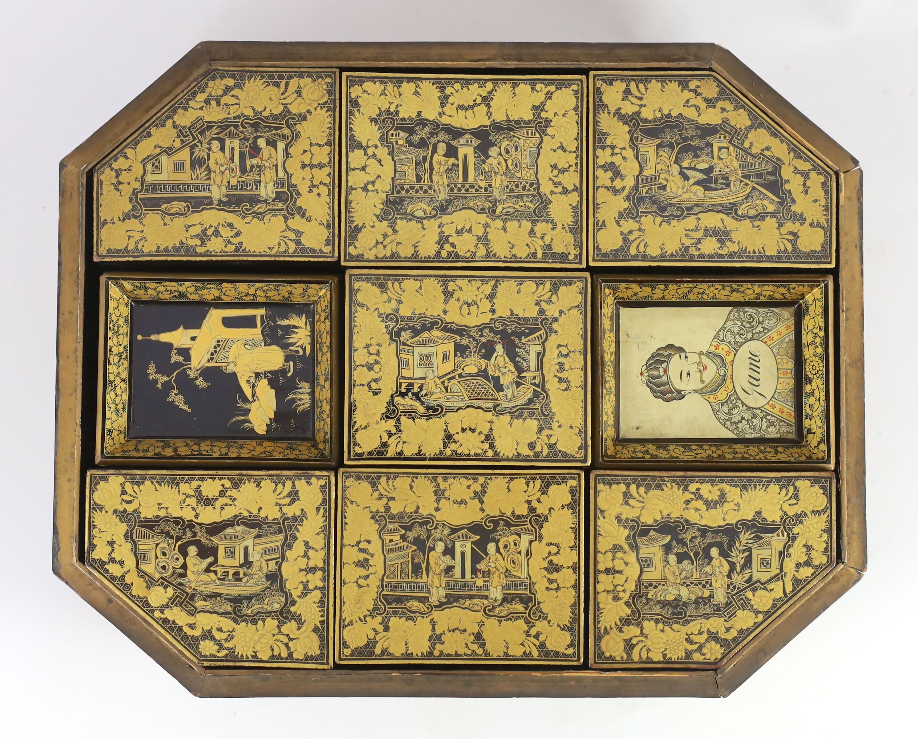 A Chinese gilt-decorated lacquer games box, mid 19th century, 37. 5 cm wide